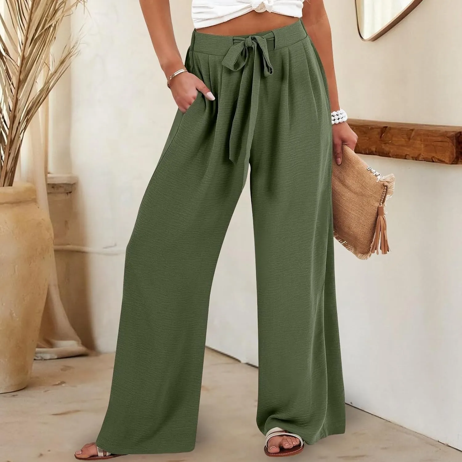 Wide Leg Linen Pants for Women Dressy High Waist Adjustable Knot Palazzo Lounge Trousers Business Work Casual Pants