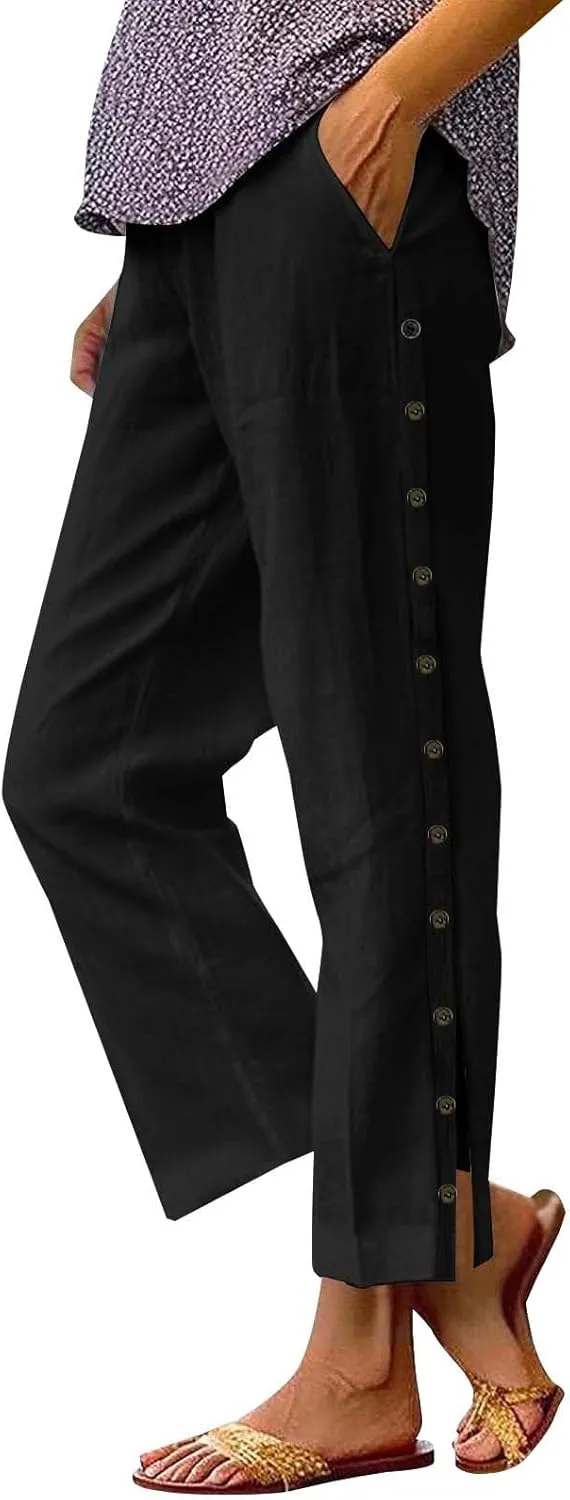 Wide Leg Linen Pants for Women Elastic Waist Capris with Pockets Lightweight Summer Vacation Pant Plus Size Trousers