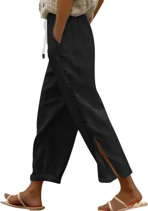Wide Leg Linen Pants for Women Elastic Waist Capris with Pockets Lightweight Summer Vacation Pant Plus Size Trousers