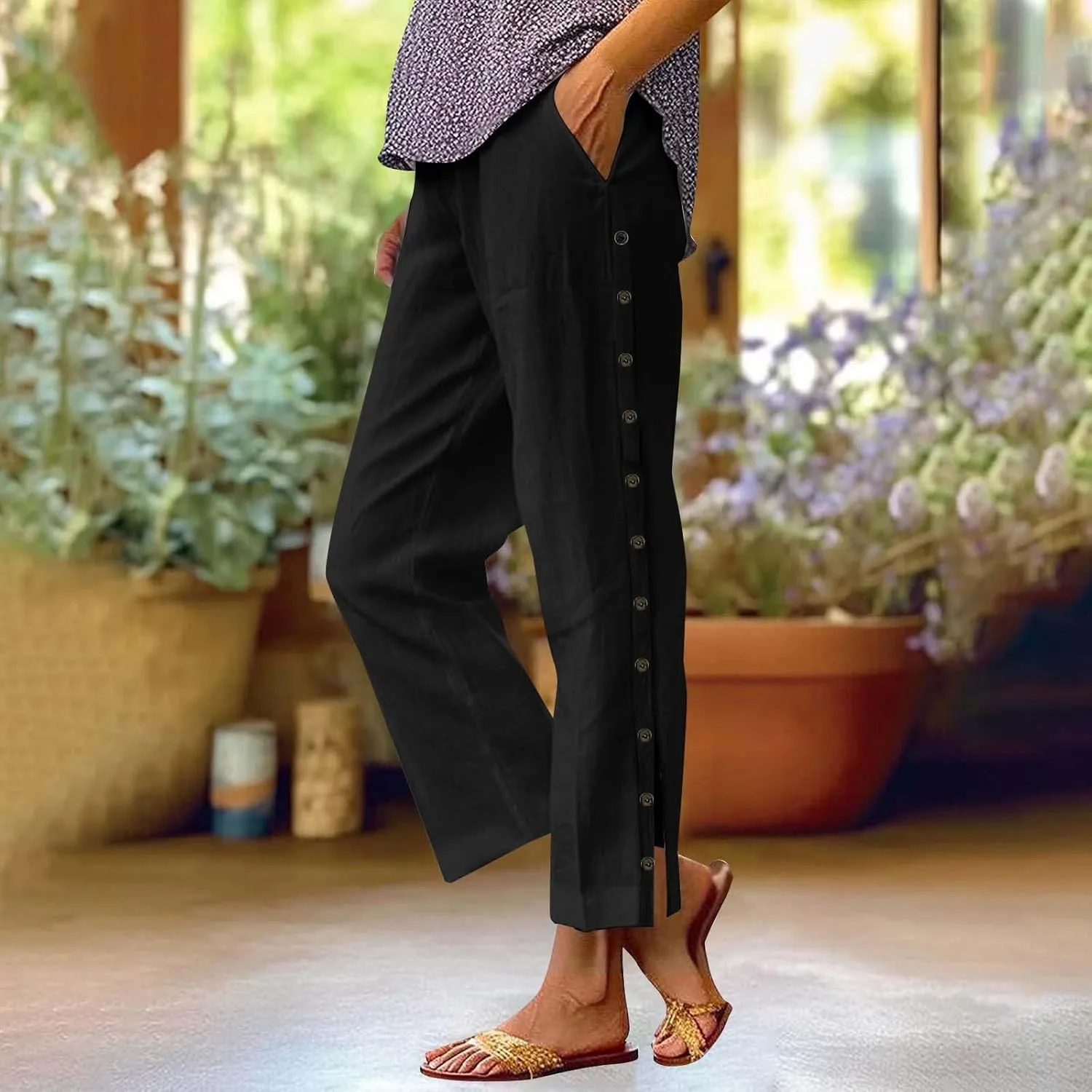 Wide Leg Linen Pants for Women Elastic Waist Capris with Pockets Lightweight Summer Vacation Pant Plus Size Trousers