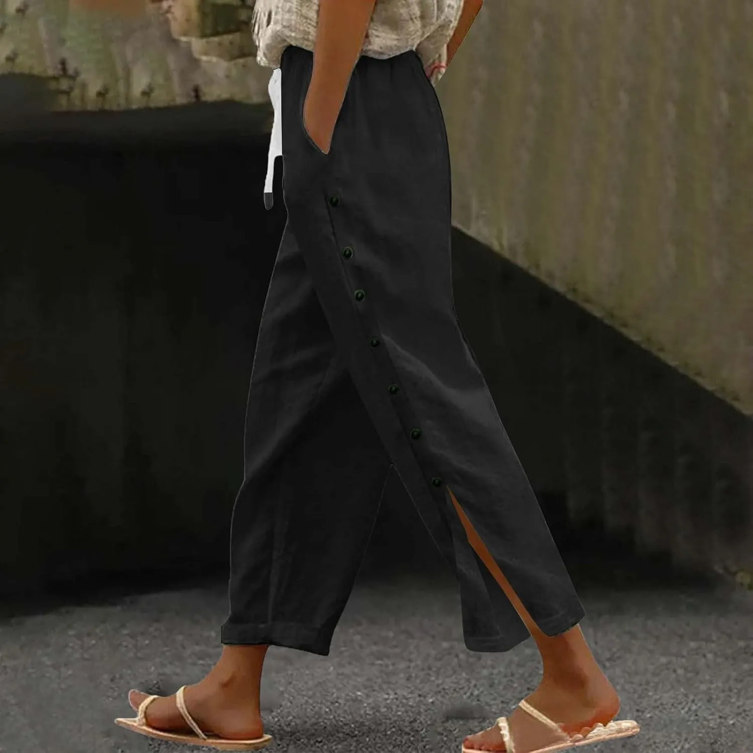 Wide Leg Linen Pants for Women Elastic Waist Capris with Pockets Lightweight Summer Vacation Pant Plus Size Trousers