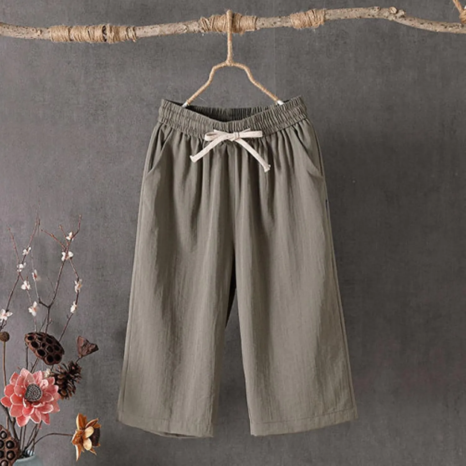 Wide Leg Linen Pants for Women Summer Capri Flowy Pants Casual Loose High Waist Trousers with Pockets