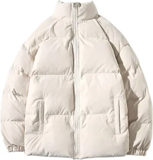 Winter Couple Coat Ladies Cotton Stand Collar Thickened Solid Color Padded Jacket with Zipper Closure Pockets Women