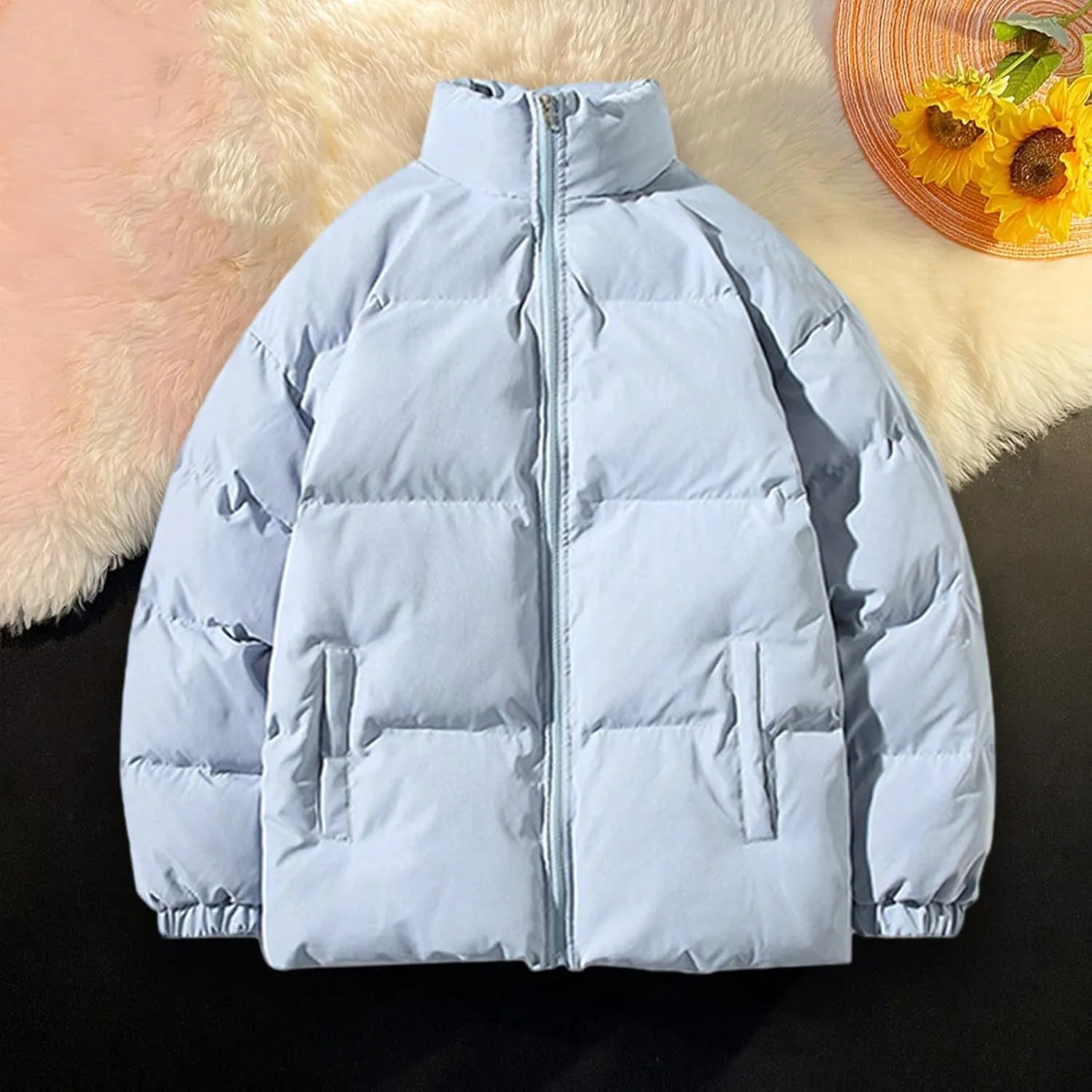 Winter Couple Coat Ladies Cotton Stand Collar Thickened Solid Color Padded Jacket with Zipper Closure Pockets Women