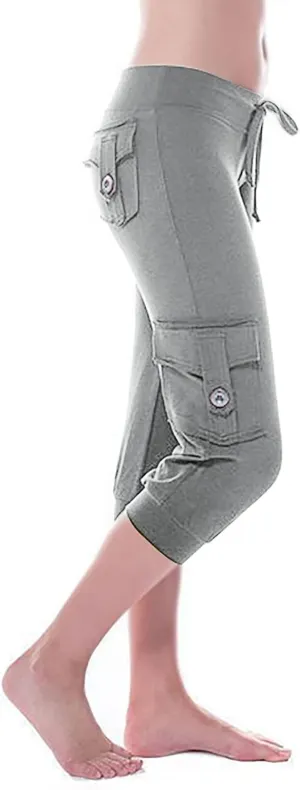 Wkishenl Capri Pants for Women Summer 2025 Drawstring Elastic High Waist Cargo Pants with Pockets Solid Color Button Joggers
