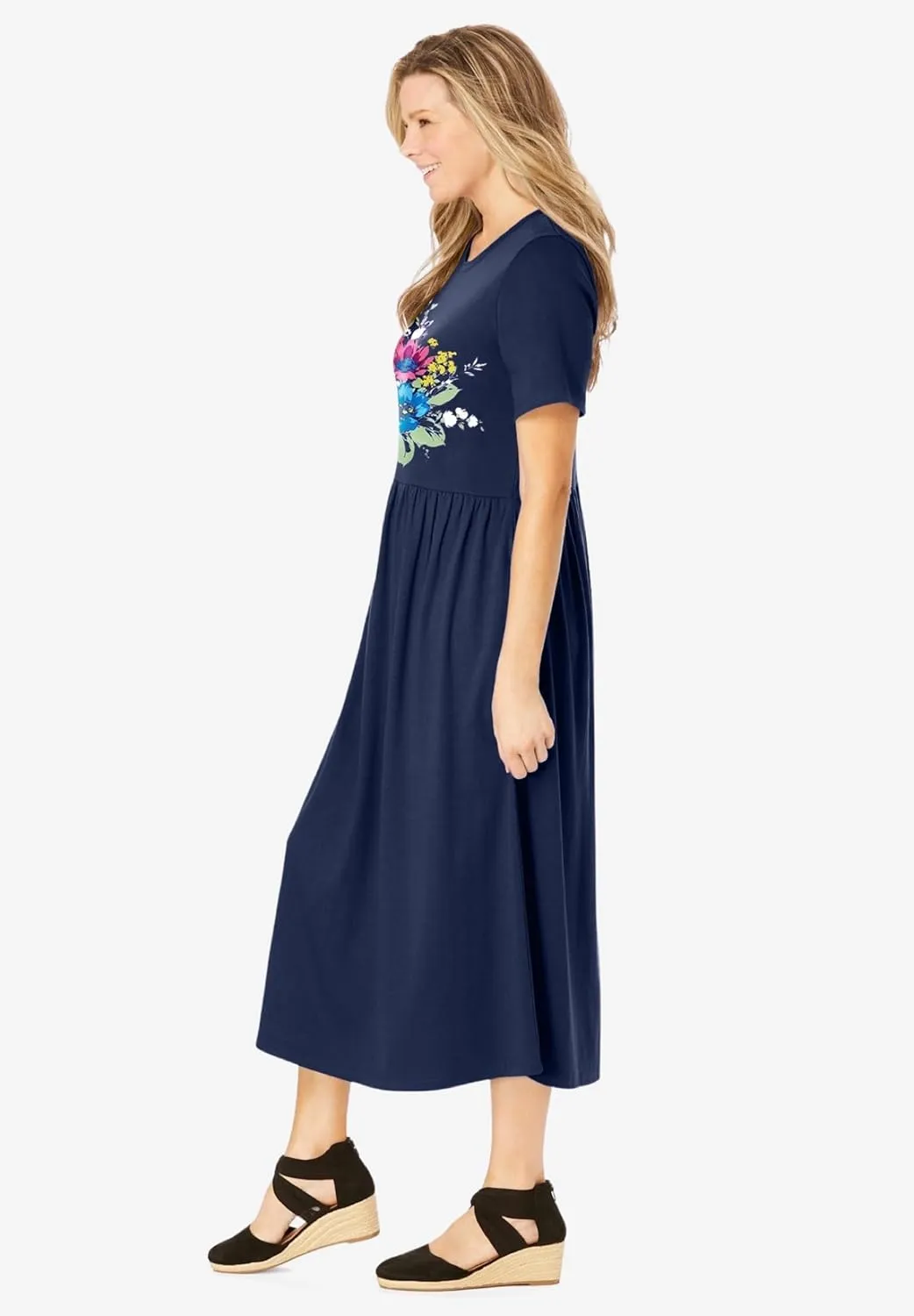 Woman Within Plus Size Short-Sleeve Scoopneck Empire Waist Dress