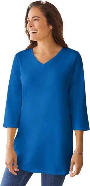 Woman Within Women's Plus Size Perfect Three-Quarter Sleeve V-Neck Tunic