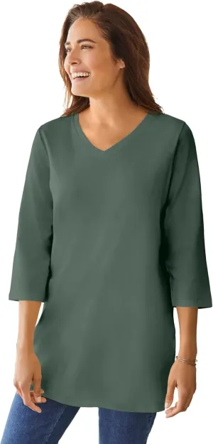 Woman Within Women's Plus Size Perfect Three-Quarter Sleeve V-Neck Tunic
