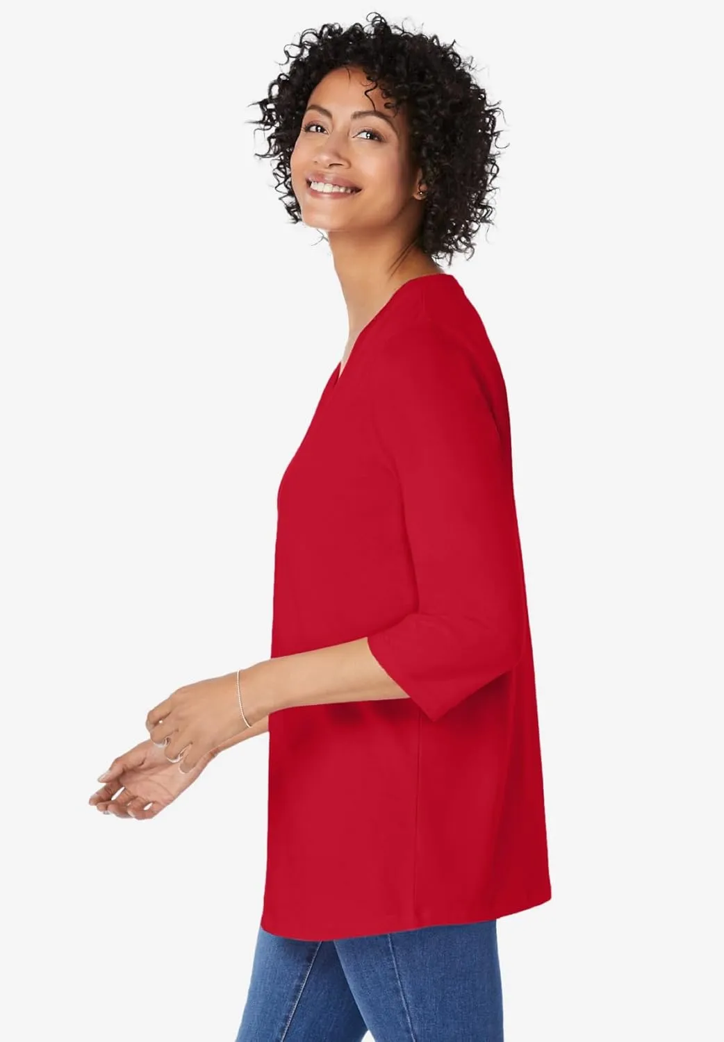 Woman Within Women's Plus Size Perfect Three-Quarter Sleeve V-Neck Tunic