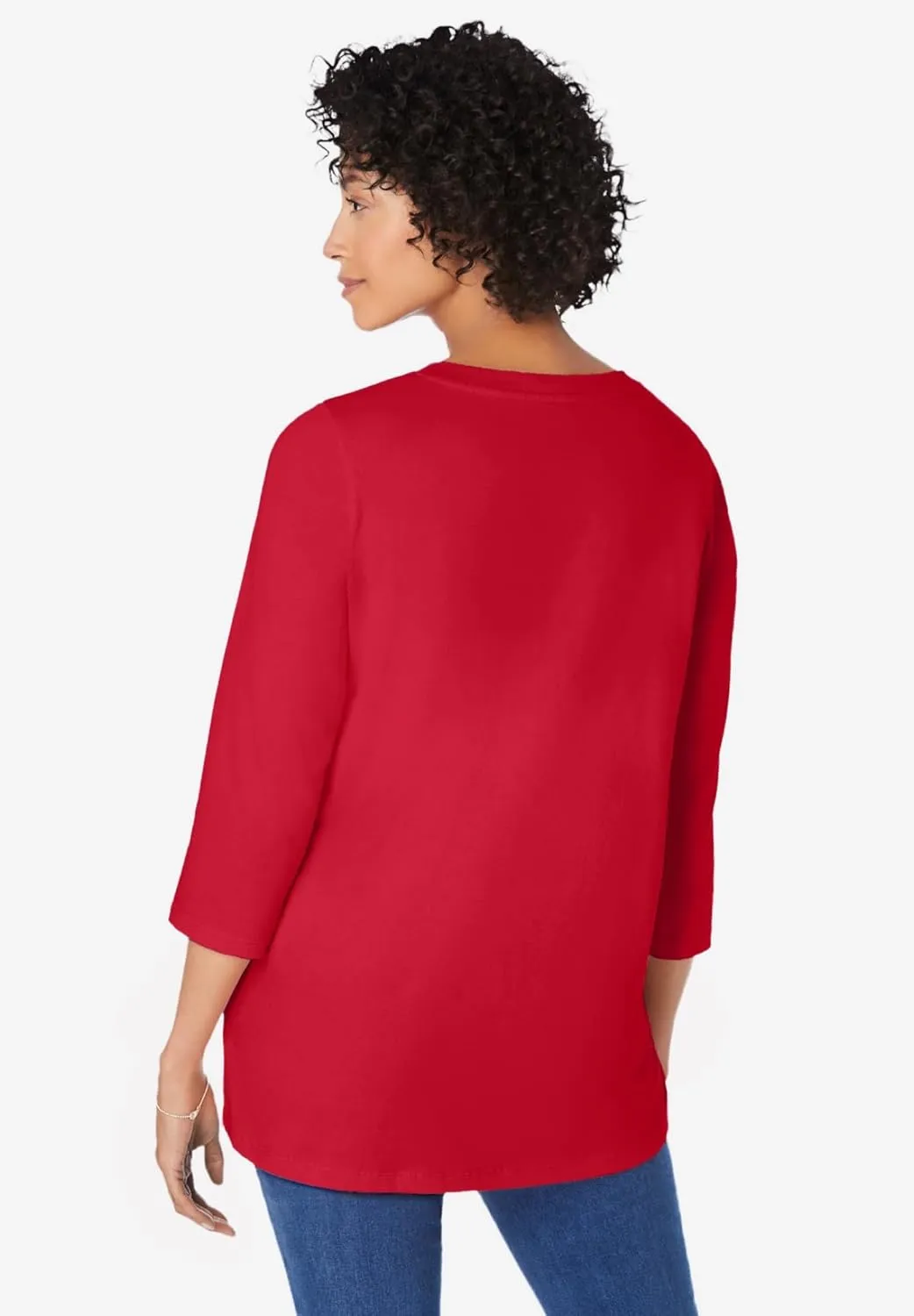 Woman Within Women's Plus Size Perfect Three-Quarter Sleeve V-Neck Tunic