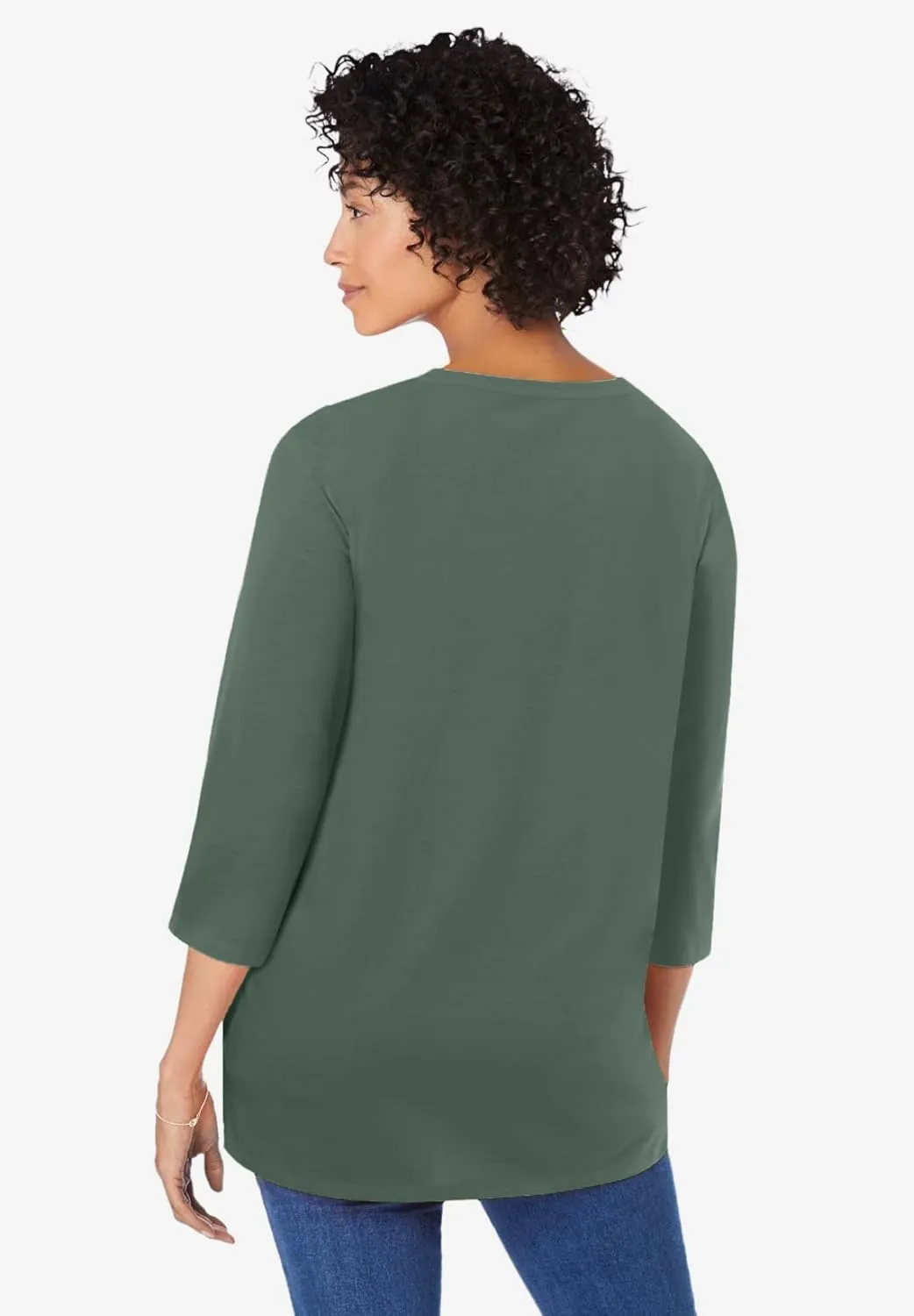 Woman Within Women's Plus Size Perfect Three-Quarter Sleeve V-Neck Tunic