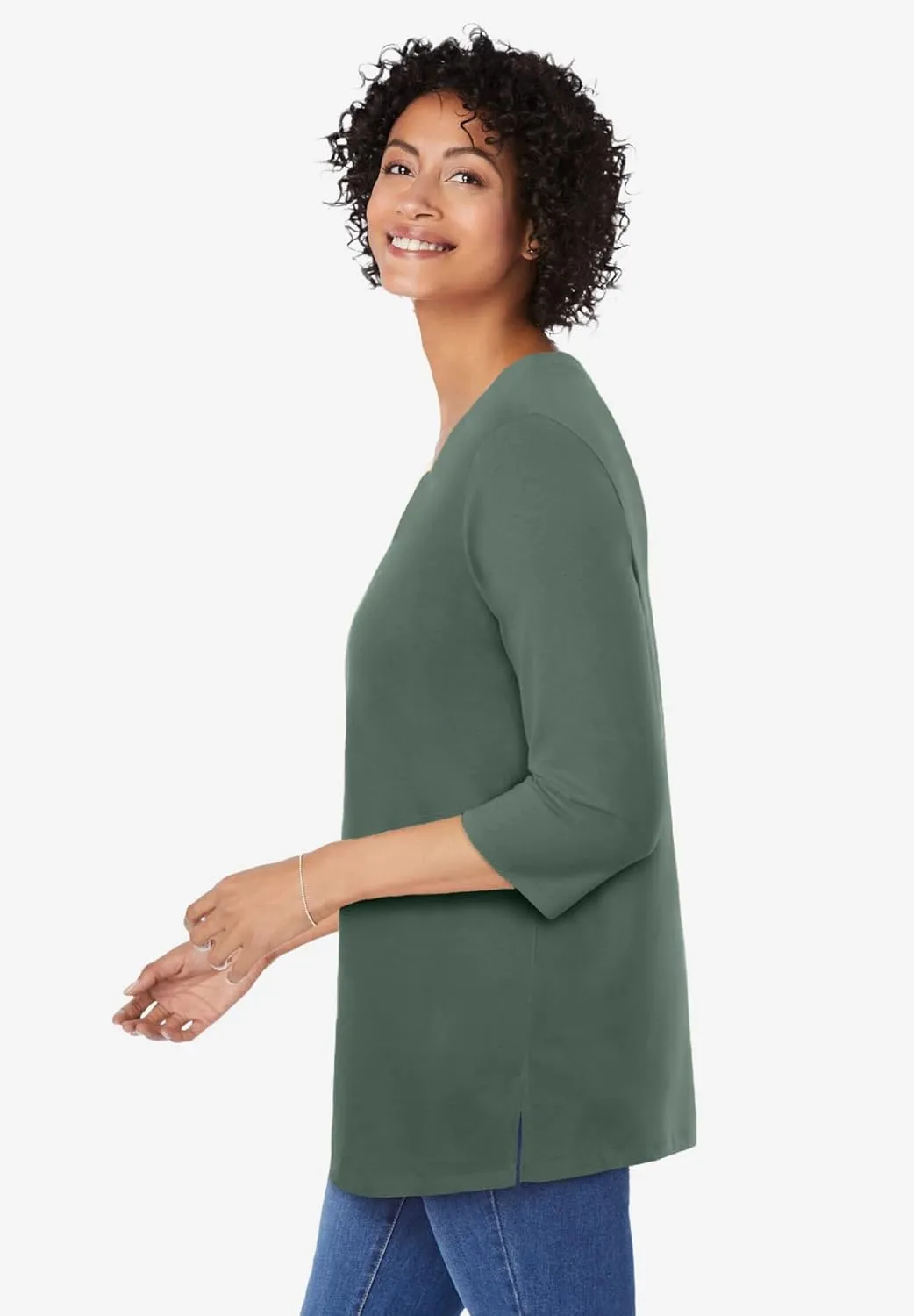 Woman Within Women's Plus Size Perfect Three-Quarter Sleeve V-Neck Tunic