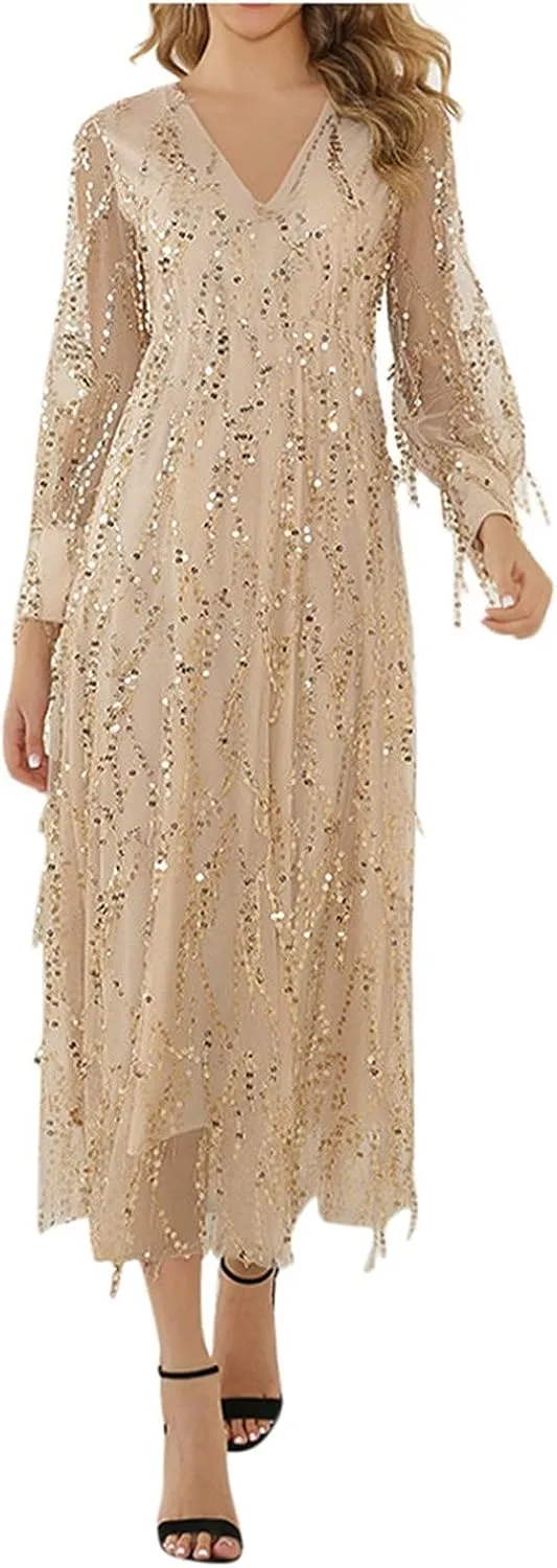 Women Elegant Dresses Sequin Print V Neck Long Sleeves Chiffon Flowy Swing Midi Dress.Women's Fall Evening Gowns
