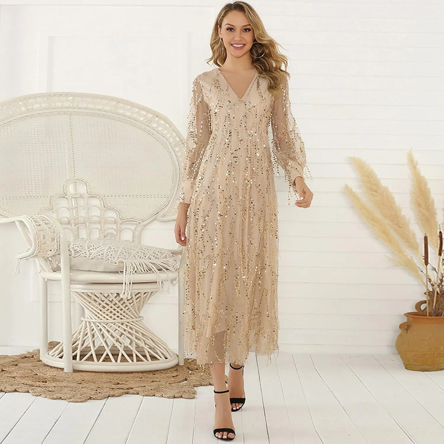 Women Elegant Dresses Sequin Print V Neck Long Sleeves Chiffon Flowy Swing Midi Dress.Women's Fall Evening Gowns