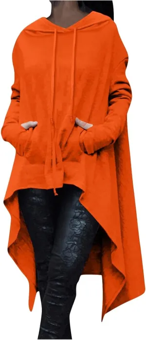 Women Fashion Hoodies Vintage Gothic Pullover Shirt Hi-Low Hem Oversized Long Asymmetric Sweatshirts Top with Pocket