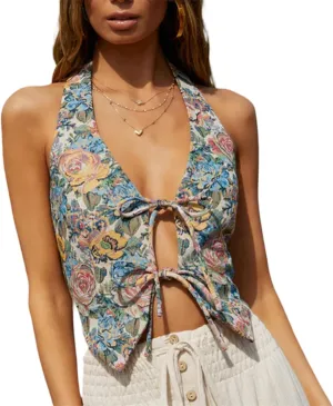 Women Halter Vest Tops Summer Retro Floral Print Tie Front Sleeveless Backless Shirts Vest Boho Beach