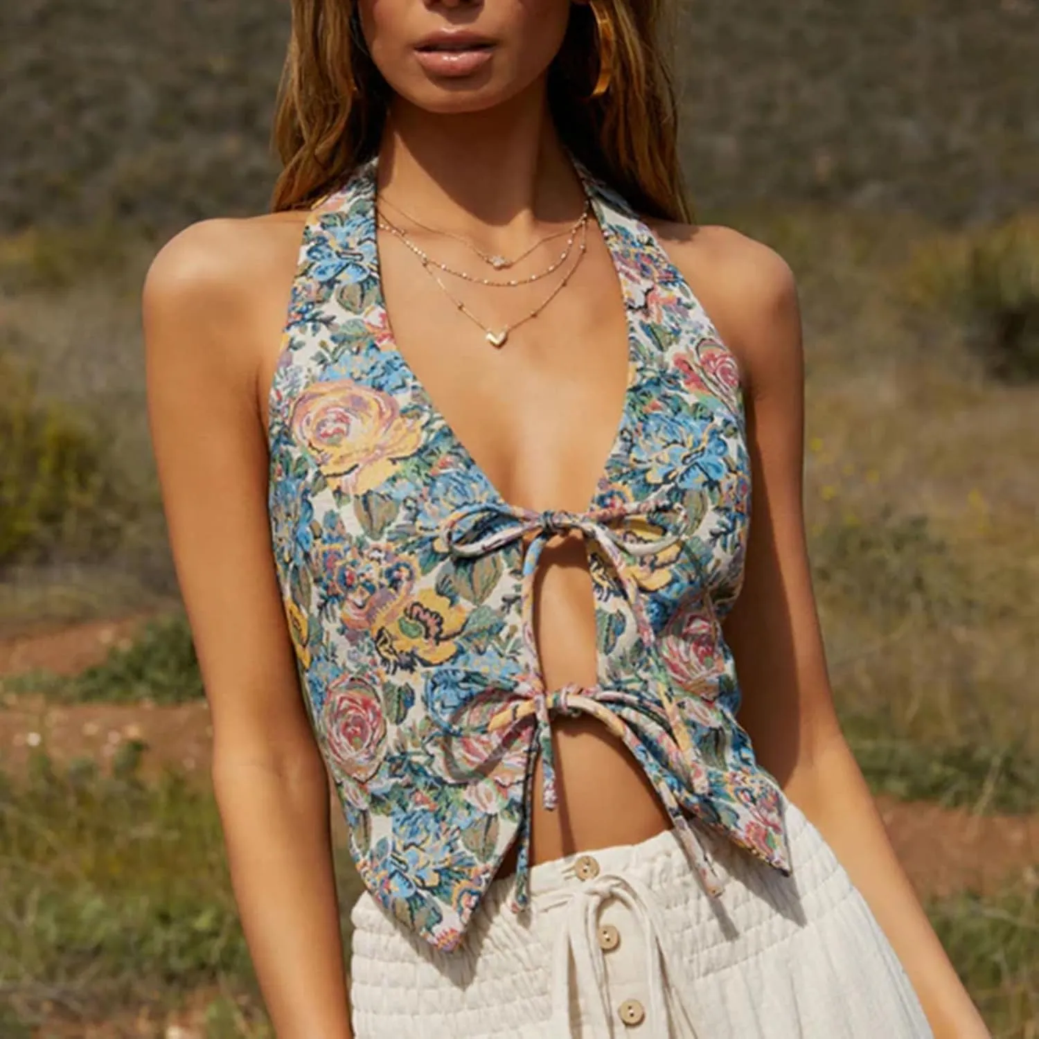 Women Halter Vest Tops Summer Retro Floral Print Tie Front Sleeveless Backless Shirts Vest Boho Beach