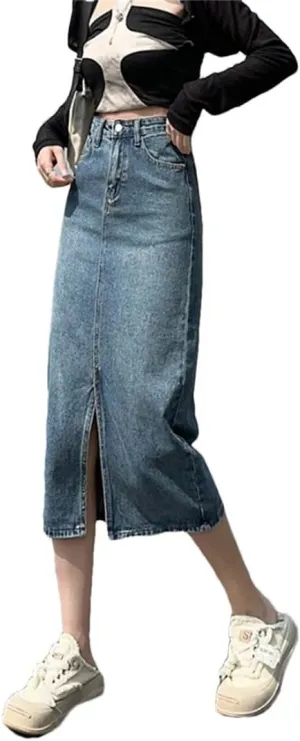Women High Waisted Denim Jeans Mid Long Style Hip A-Line Split Denim Skirt