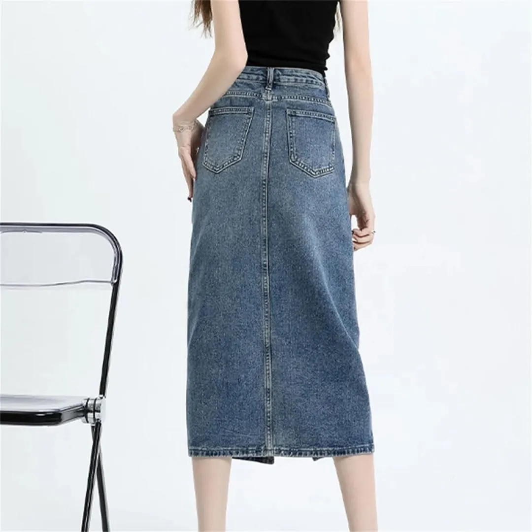 Women High Waisted Denim Jeans Mid Long Style Hip A-Line Split Denim Skirt