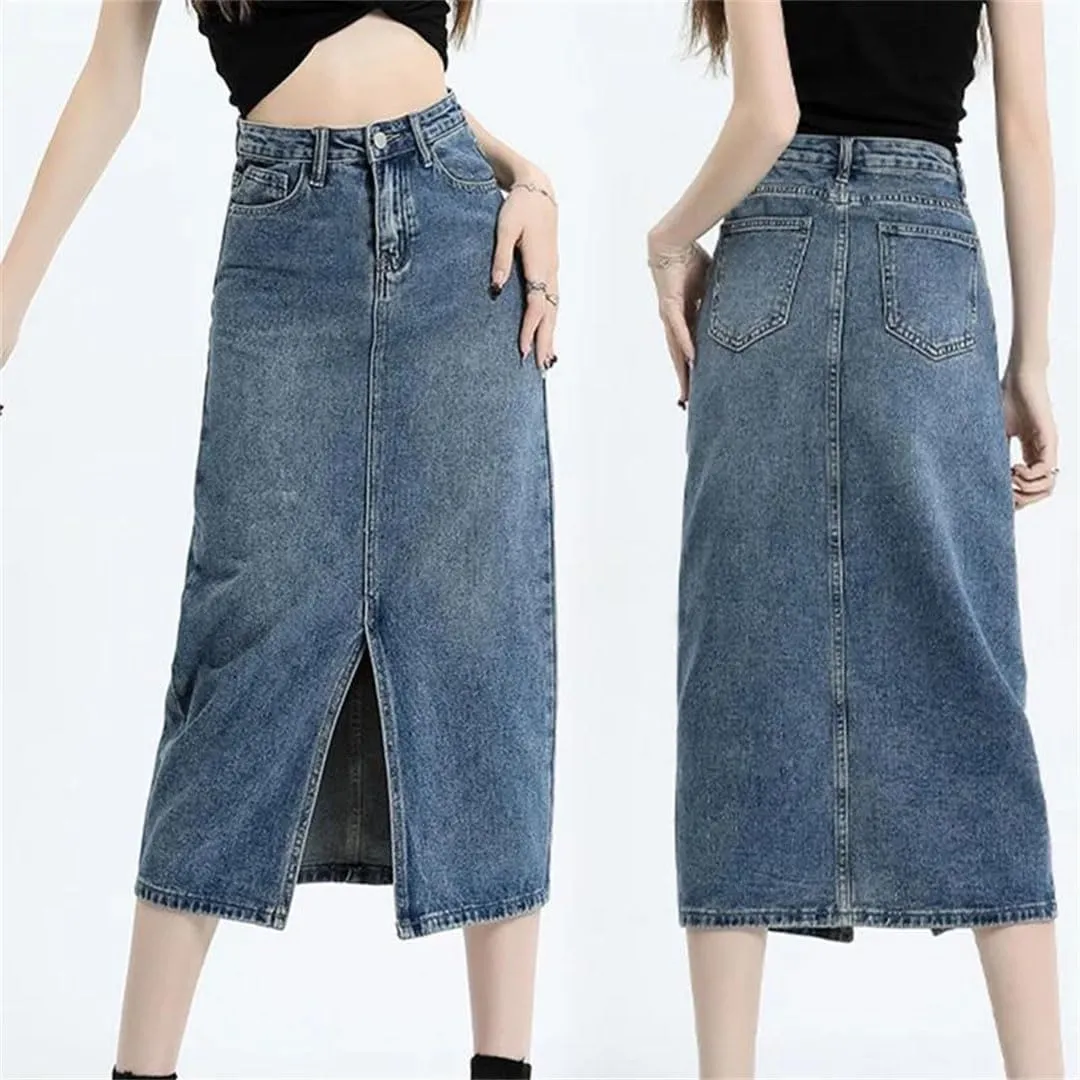 Women High Waisted Denim Jeans Mid Long Style Hip A-Line Split Denim Skirt