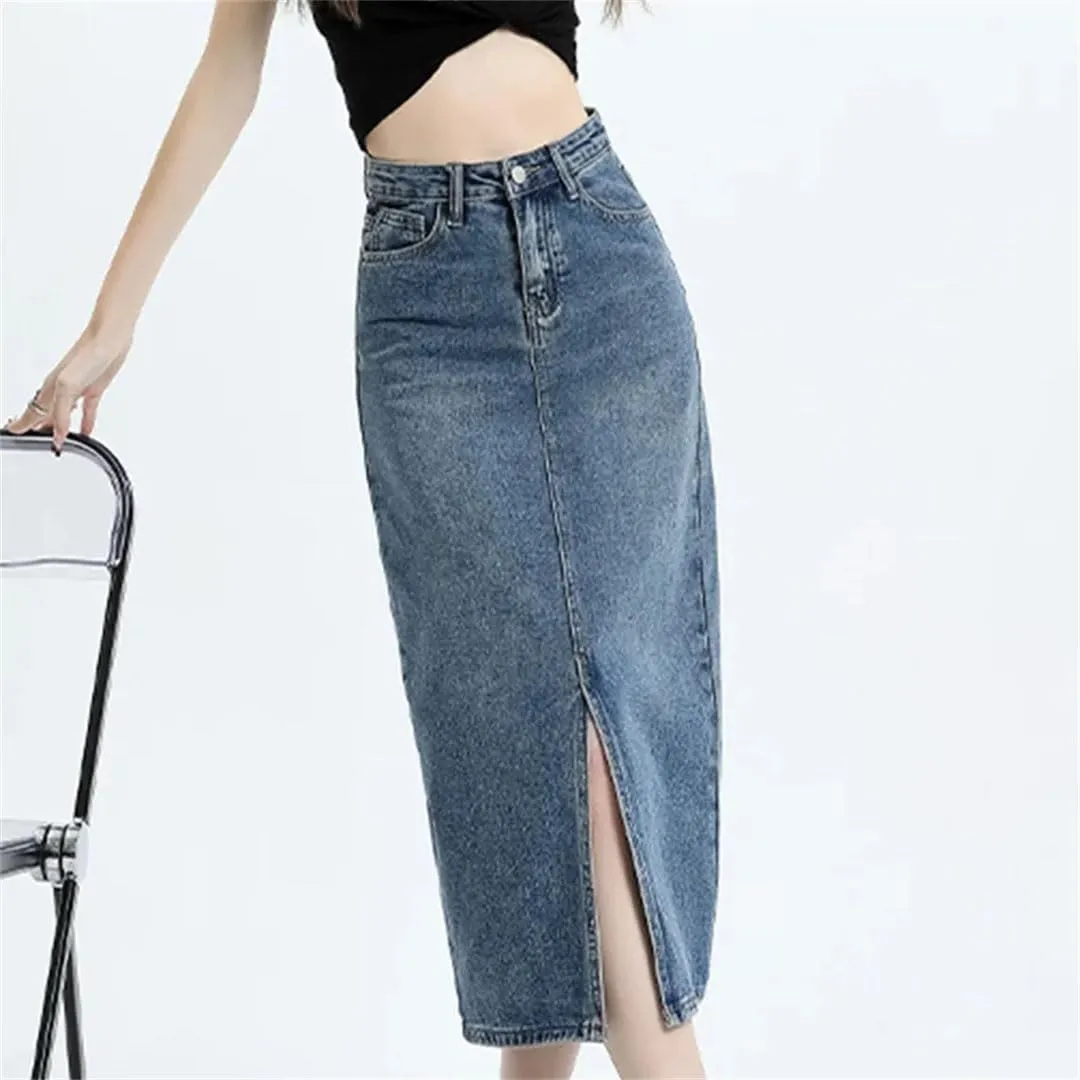 Women High Waisted Denim Jeans Mid Long Style Hip A-Line Split Denim Skirt