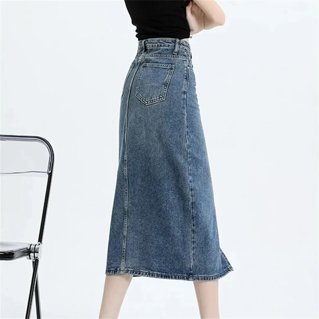Women High Waisted Denim Jeans Mid Long Style Hip A-Line Split Denim Skirt