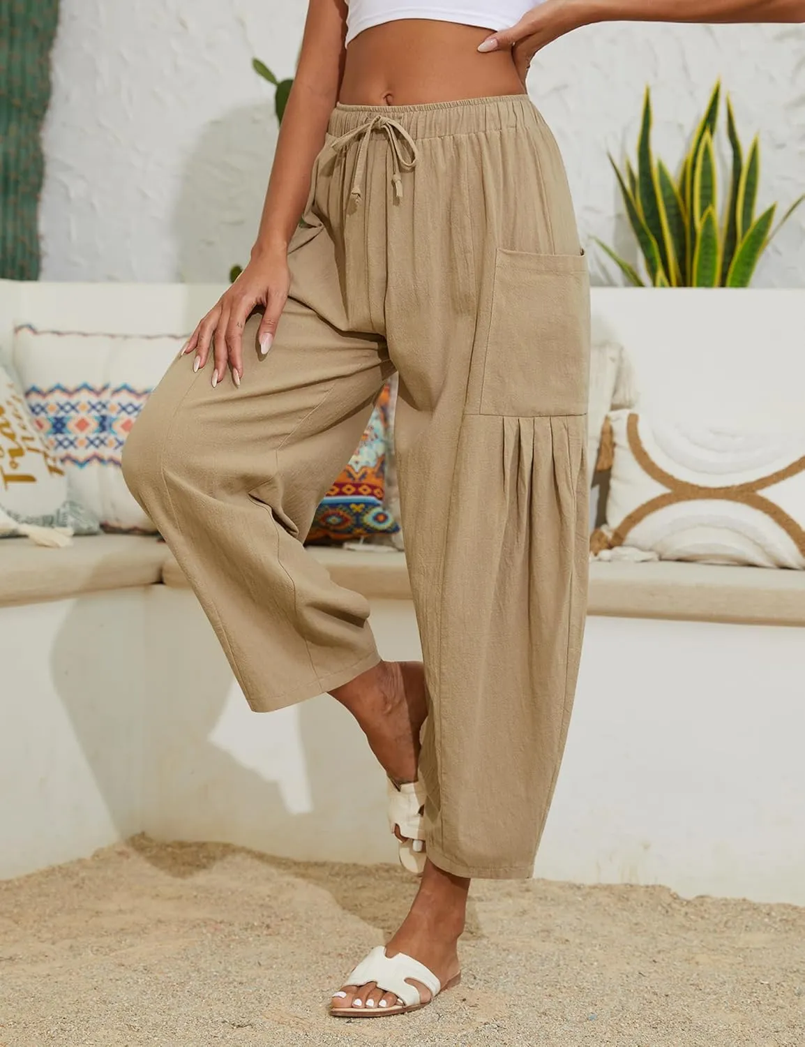 Women Linen Pants Wide Leg Boho Pants Loose Lightweigt Beach Palazzo Harem Pants with Pockets