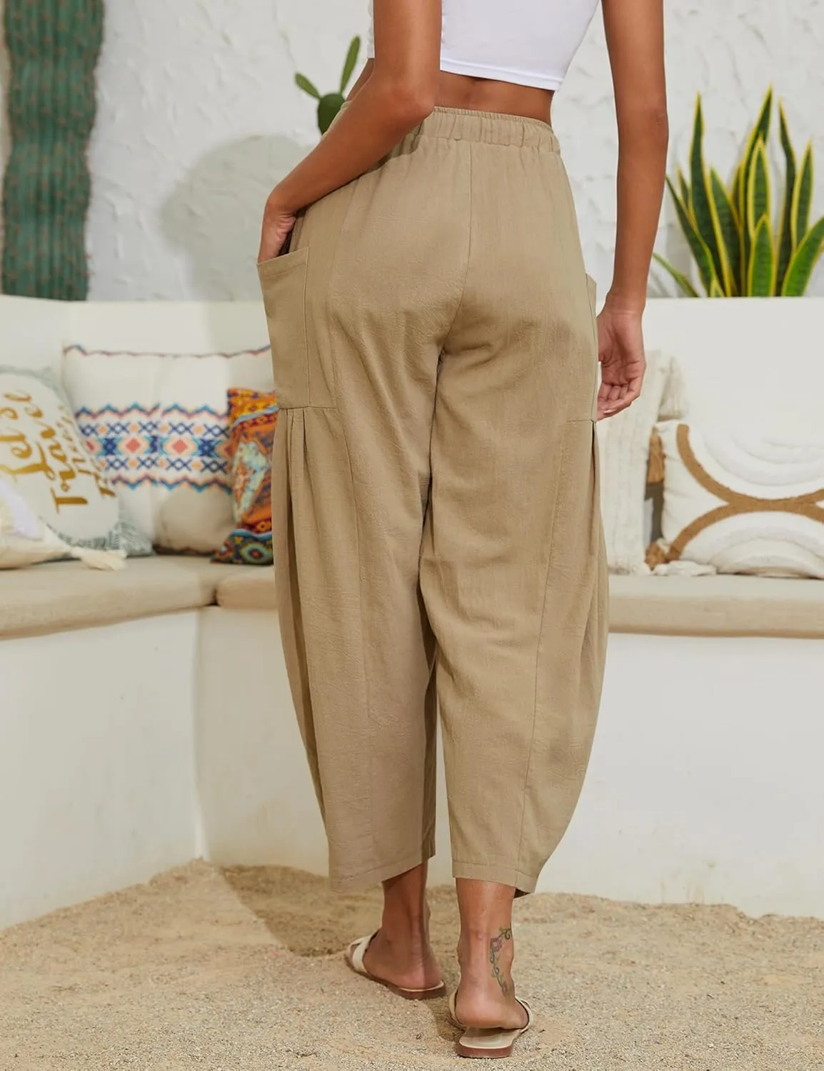 Women Linen Pants Wide Leg Boho Pants Loose Lightweigt Beach Palazzo Harem Pants with Pockets