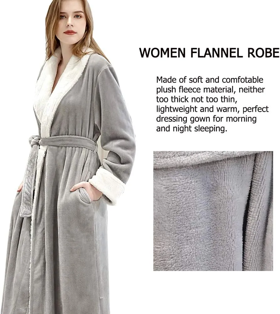 Women Long Fleece Robe Soft Fluffy Plush Bathrobe Nightgown Sleepwear Housecoats