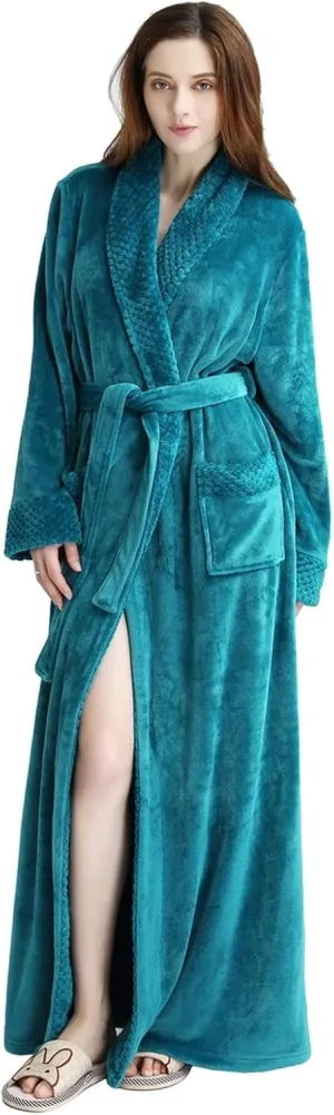 Women Long Fleece Robe Soft Fluffy Plush Bathrobe Nightgown Sleepwear Housecoats