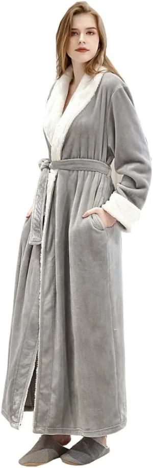 Women Long Fleece Robe Soft Fluffy Plush Bathrobe Nightgown Sleepwear Housecoats