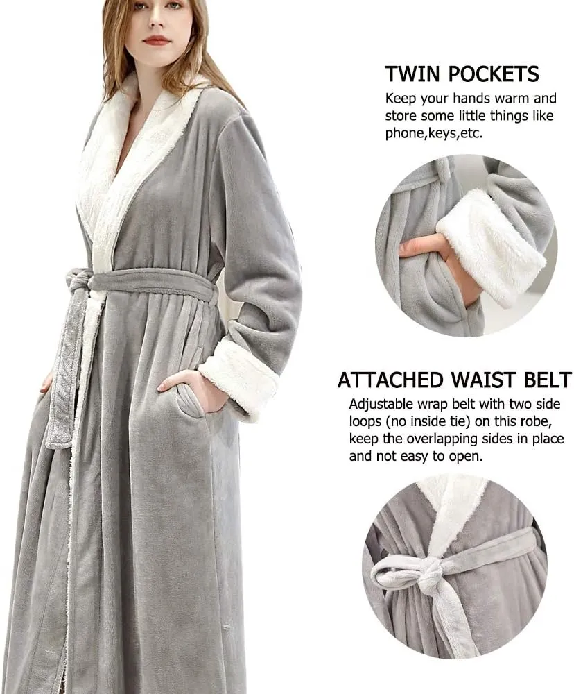 Women Long Fleece Robe Soft Fluffy Plush Bathrobe Nightgown Sleepwear Housecoats