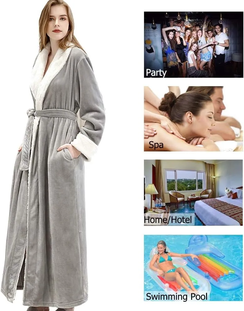 Women Long Fleece Robe Soft Fluffy Plush Bathrobe Nightgown Sleepwear Housecoats
