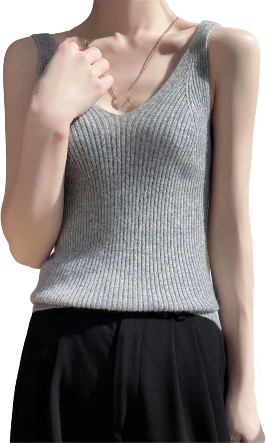 Women Pure Cashmere Knit Camisole Ladies Top V-Neck Slim Sling Thin Inside Vest Stretch Wool Women's Sweater