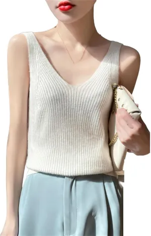 Women Pure Cashmere Knit Camisole Ladies Top V-Neck Slim Sling Thin Inside Vest Stretch Wool Women's Sweater