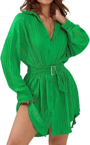 Women Shirt Dresses Long Sleeve Pleated Mini Dress Casual Button Down Tunic Tops with Belt Vintage Streetwear