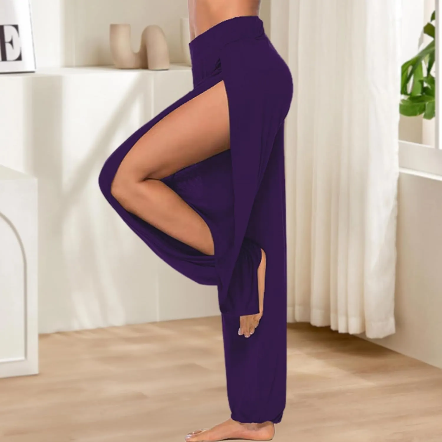Women Summer Harem High Split Hem Leg Silt Pants Flowy Yoga Pant for Women Casual Beach Hippie Dance Pants