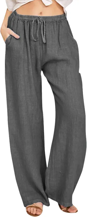 Women Summer High Waist Cotton Linen Palazzo Pants, Wide Leg Long Lounge Pant Trousers Comfy Straight Pants with Pockets