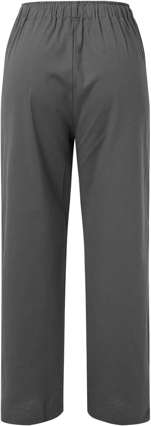 Women Summer High Waist Cotton Linen Palazzo Pants, Wide Leg Long Lounge Pant Trousers Comfy Straight Pants with Pockets