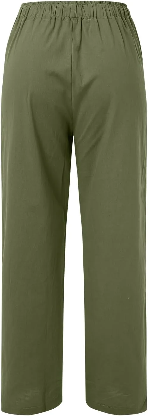 Women Summer High Waist Cotton Linen Palazzo Pants, Wide Leg Long Lounge Pant Trousers Comfy Straight Pants with Pockets