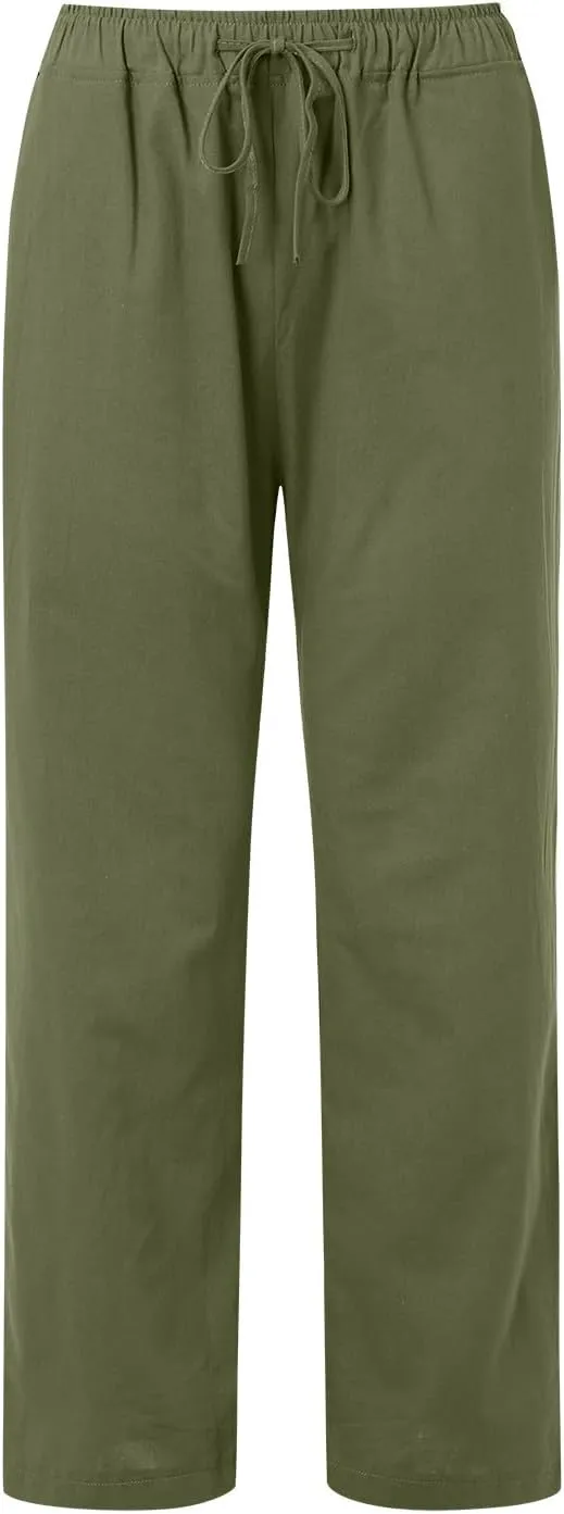Women Summer High Waist Cotton Linen Palazzo Pants, Wide Leg Long Lounge Pant Trousers Comfy Straight Pants with Pockets