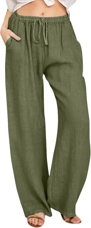 Women Summer High Waist Cotton Linen Palazzo Pants, Wide Leg Long Lounge Pant Trousers Comfy Straight Pants with Pockets