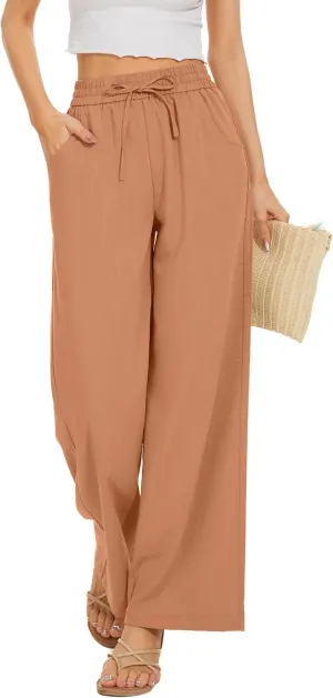 Women Summer Pants Flowy Pants Drawstring Waist Wide Leg Palazzo Beach Pants Loose Fit with Pockets Orange
