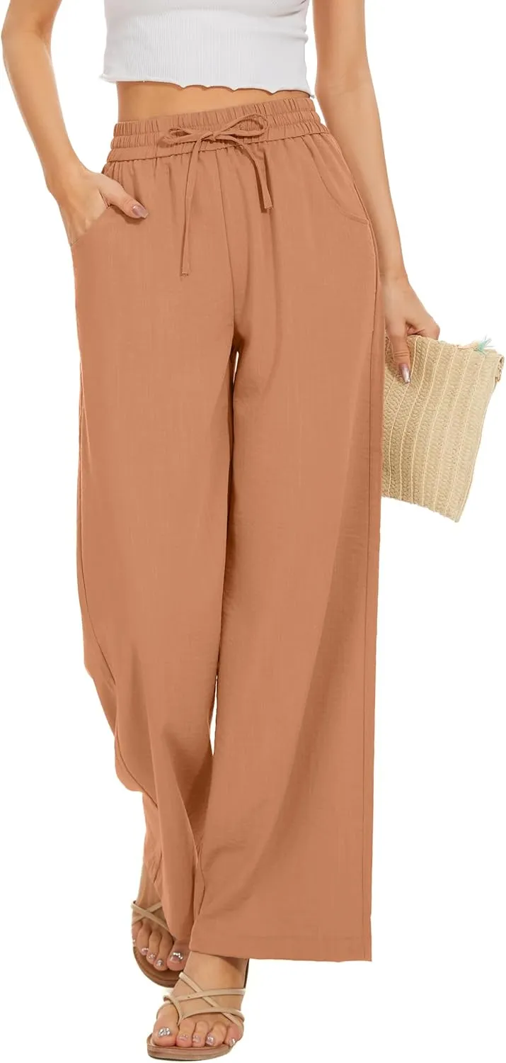 Women Summer Pants Flowy Pants Drawstring Waist Wide Leg Palazzo Beach Pants Loose Fit with Pockets Orange