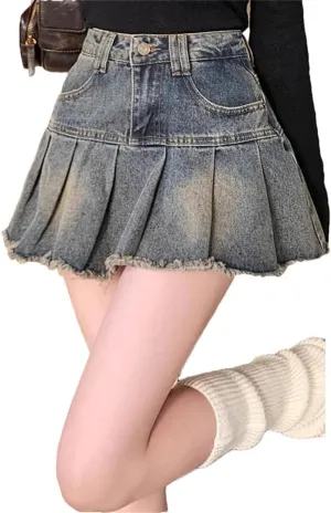 Women Vintage Denim Skirt Streetwear Spliced Pleated Skirts Korean Style High Waisted Mini Skirt