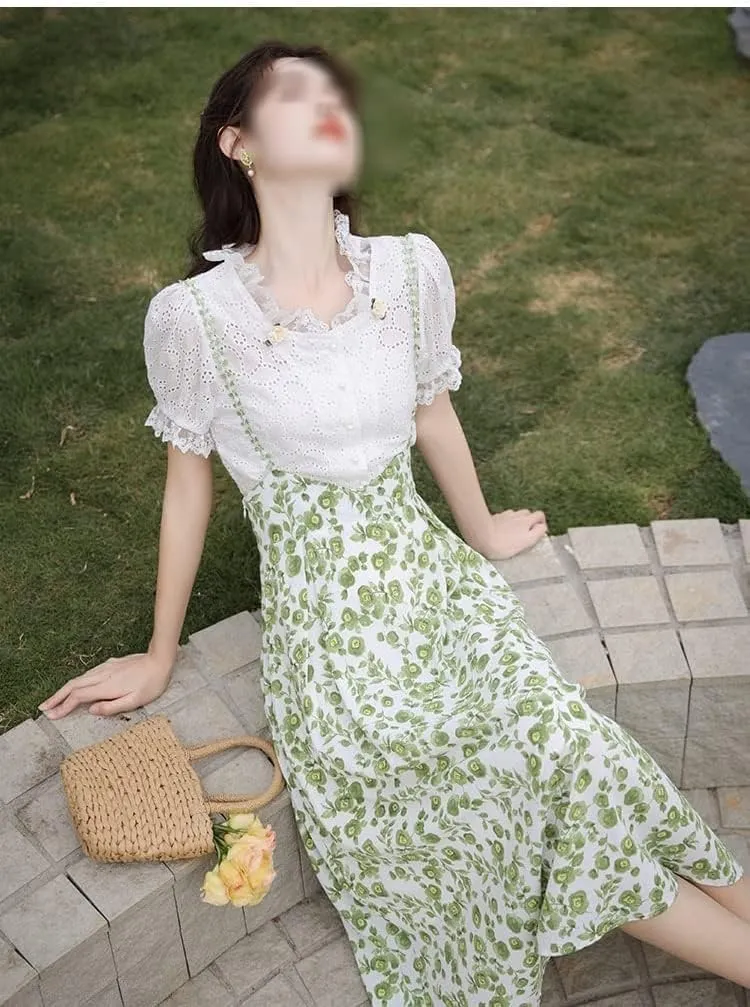 Women Vintage Elegant French White Shirt green Floral Skirt Two Piece Office Skirt Set