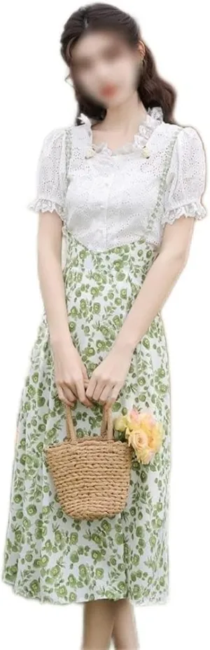 Women Vintage Elegant French White Shirt green Floral Skirt Two Piece Office Skirt Set