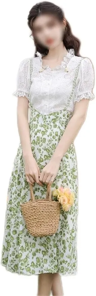 Women Vintage Elegant French White Shirt green Floral Skirt Two Piece Office Skirt Set