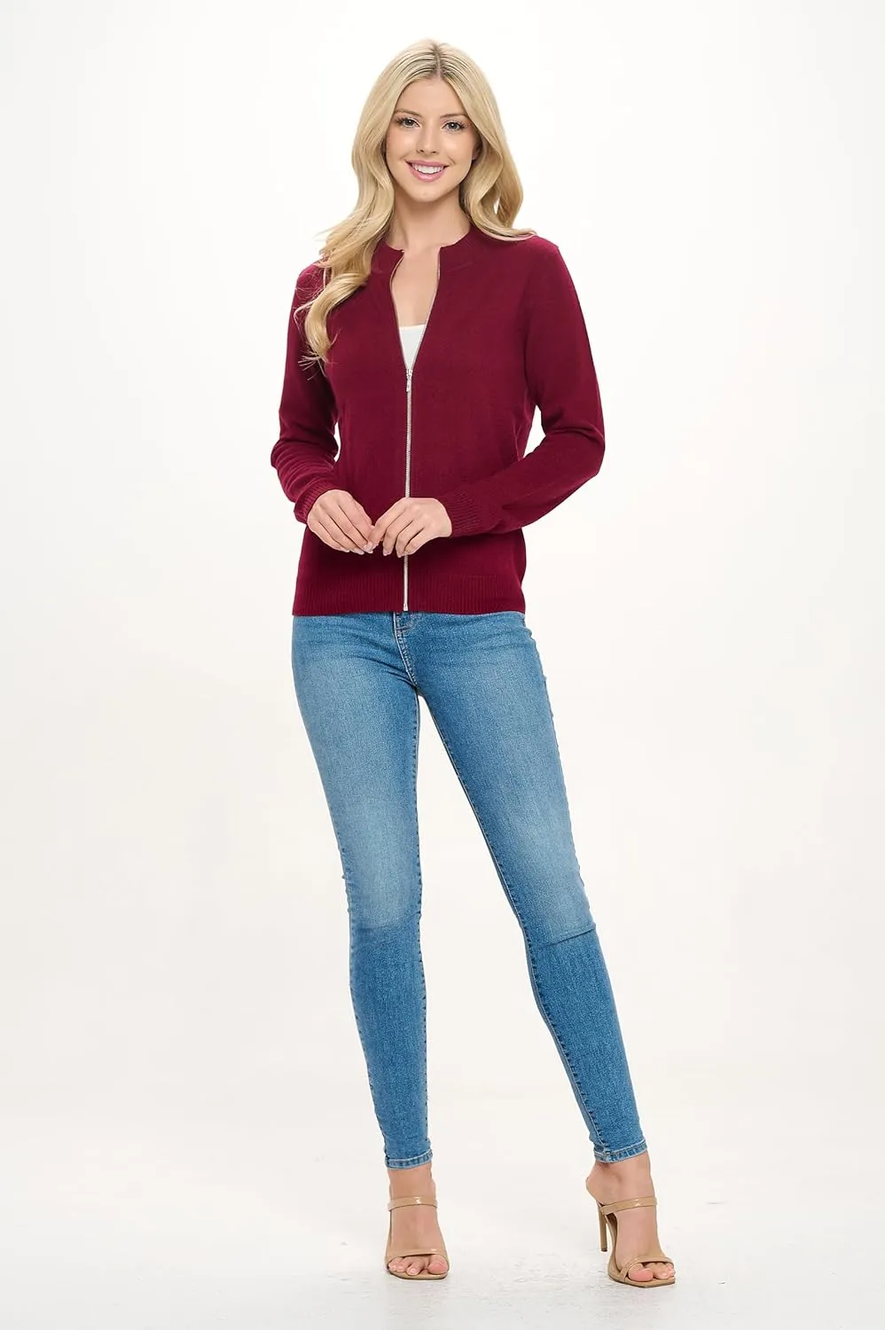 Women's 100% Cashmere Soft Long Sleeve Crew Neck Open Zip Cardigan