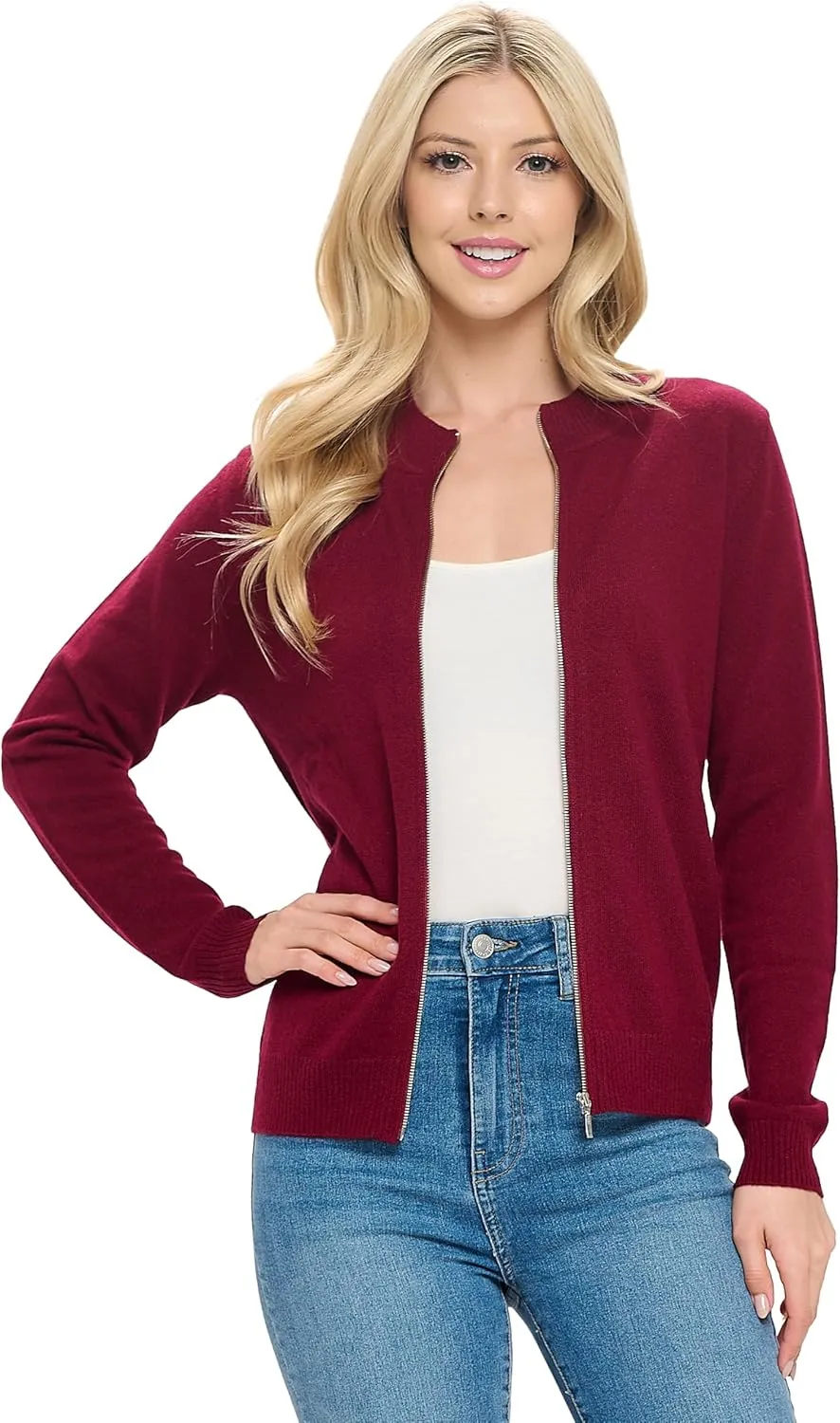 Women's 100% Cashmere Soft Long Sleeve Crew Neck Open Zip Cardigan